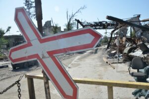Mariupol, Donbass. Entrata della fabbrica Azovstal, luogo dell’ultima battaglia per la liberazione della città da parte delle truppe della Repubblica di Donetsk.